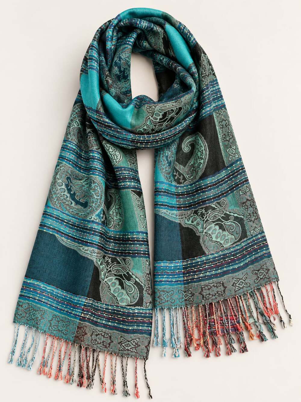 Pashmina Teal And Black Jacquard Paisley Scarf Shawl Wrap With Fringe